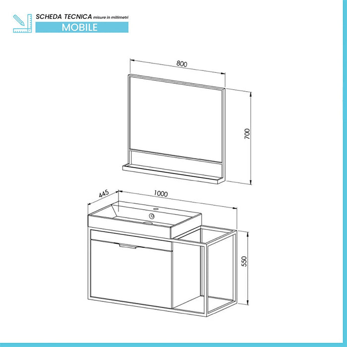 Mobile bagno sospeso 100 cm in legno e metallo nero con specchio Zante