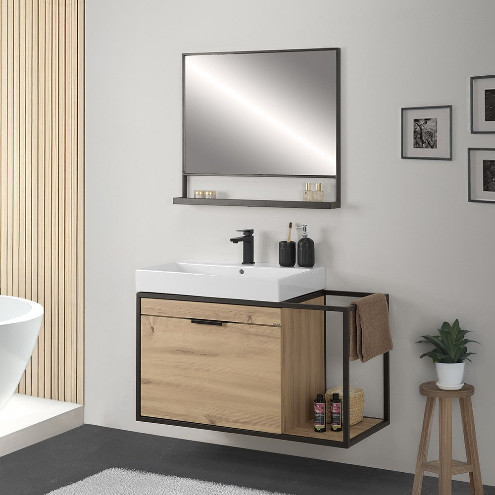 Mobile bagno sospeso 100 cm in legno e metallo nero con specchio Zante