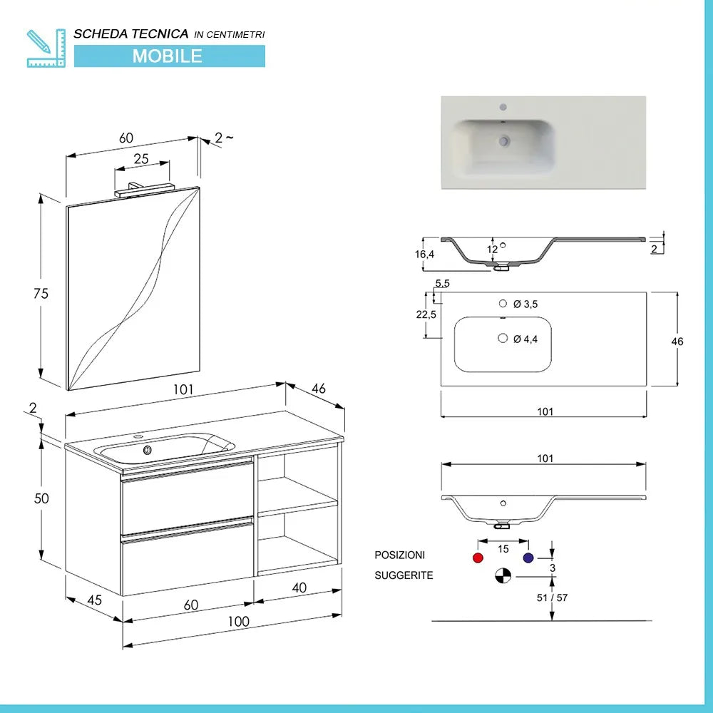 Mobile bagno sospeso 100 cm Master bianco con cassetti e vani