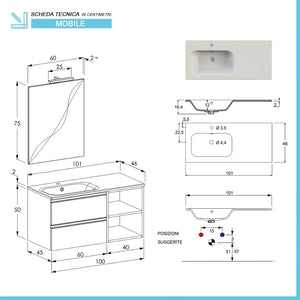 Mobile bagno sospeso 100 cm Master bianco con cassetti e vani