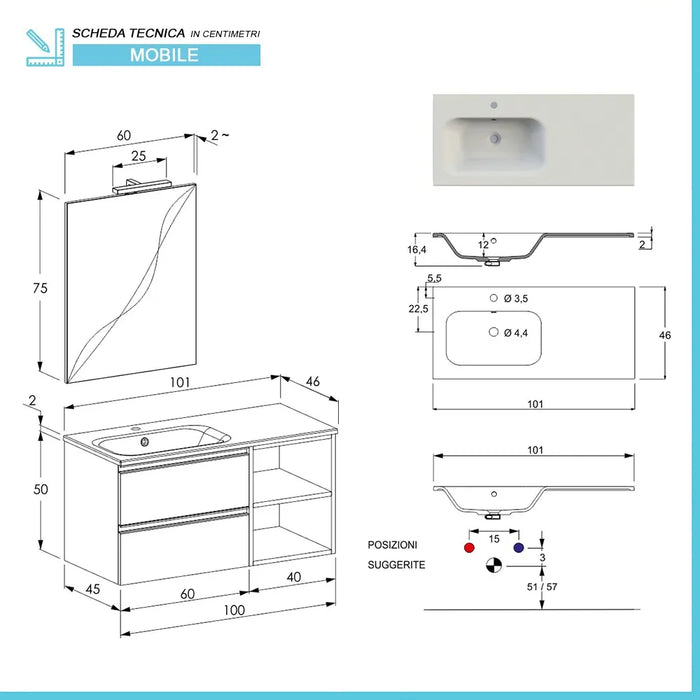 Mobile bagno sospeso 100 cm Master bianco con cassetti e vani