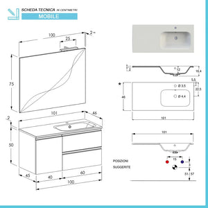 Mobile bagno sospeso 100 cm Master bianco con lavabo e specchio