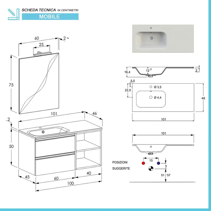 Mobile bagno sospeso 100 cm Master grigio con lavabo e specchio
