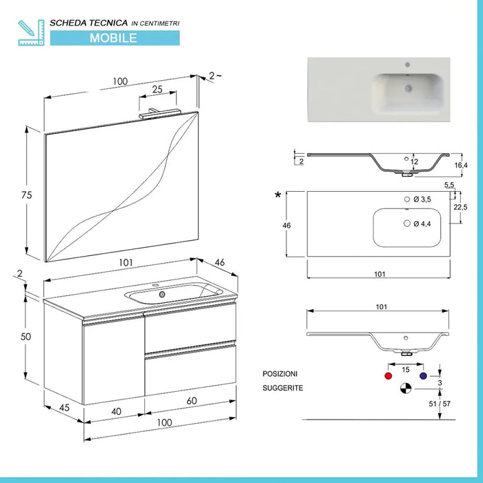 Mobile bagno sospeso 100 cm Master grigio con lavandino e specchio