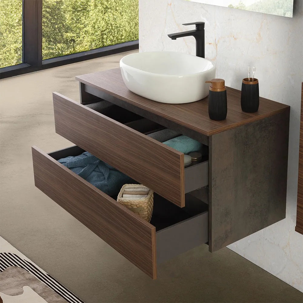 Mobile bagno sospeso 100 cm ossido e noce con top lavabo e specchio Kleo