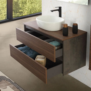 Mobile bagno sospeso 100 cm ossido e noce con top lavabo e specchio Kleo