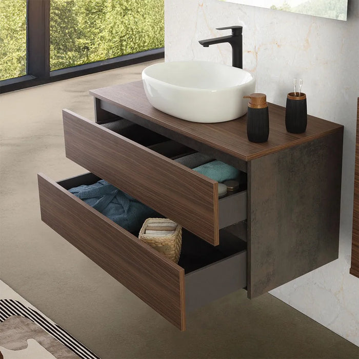 Mobile bagno sospeso 100 cm ossido e noce con top lavabo e specchio Kleo