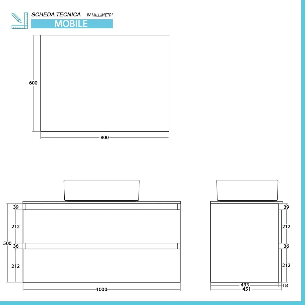 Mobile bagno sospeso 100 cm ossido e noce con top lavabo e specchio Kleo