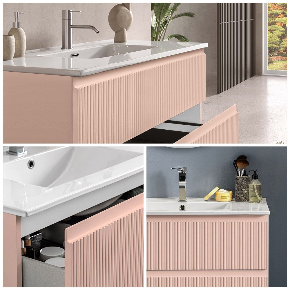 Mobile bagno sospeso 100 cm rosa opaco con frontale cannettato Giava