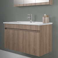 Mobile bagno sospeso 100 cm rovere scuro con specchio contenitore Mona