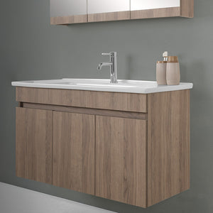 Mobile bagno sospeso 100 cm rovere scuro con specchio contenitore Mona