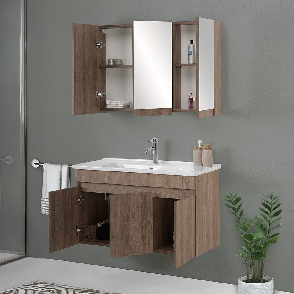 Mobile bagno sospeso 100 cm rovere scuro con specchio contenitore Mona