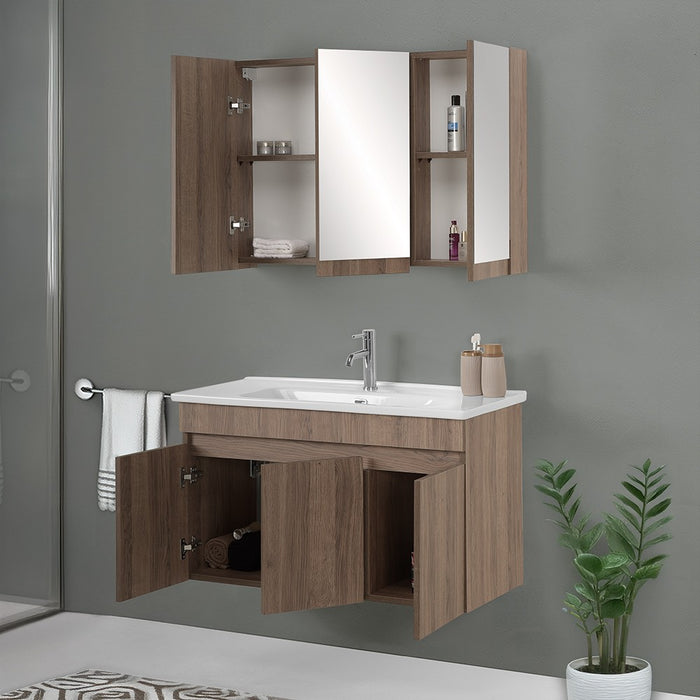 Mobile bagno sospeso 100 cm rovere scuro con specchio contenitore Mona