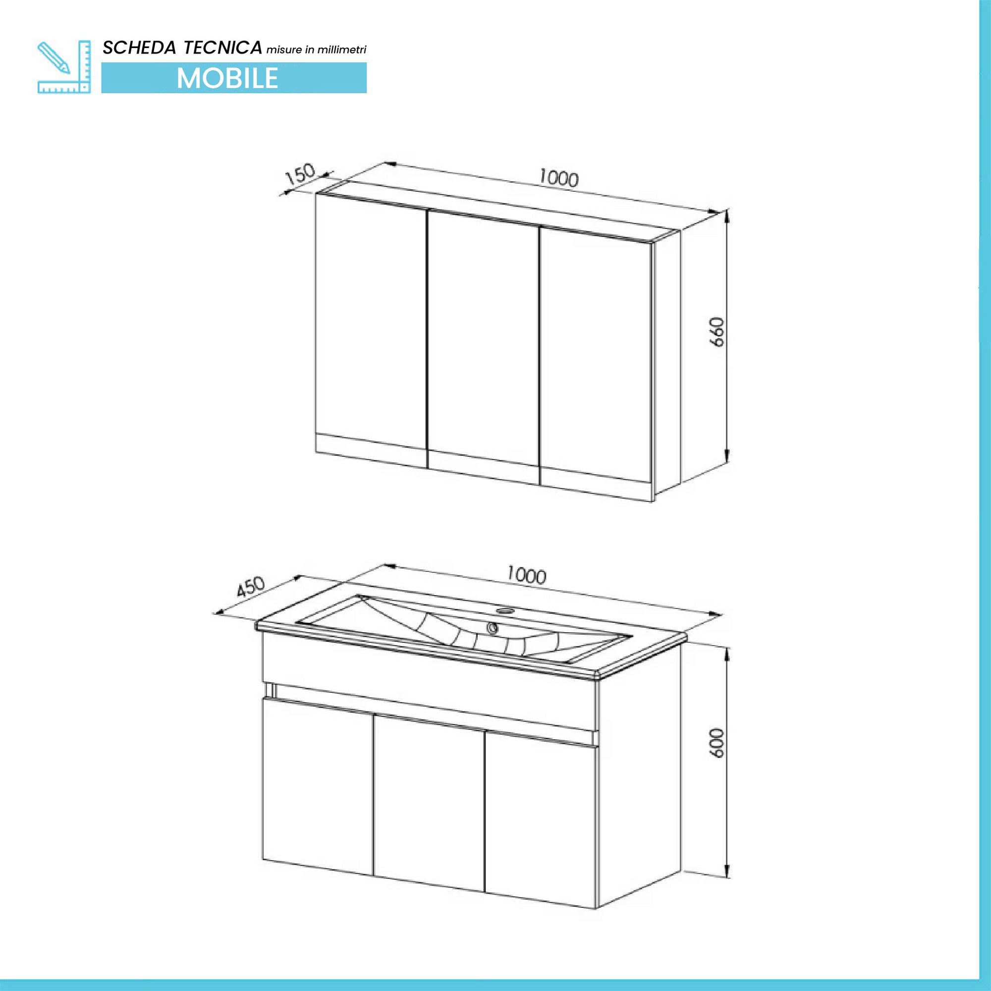 Mobile bagno sospeso 100 cm rovere scuro con specchio contenitore Mona