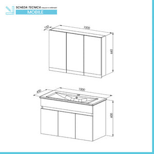 Mobile bagno sospeso 100 cm rovere scuro con specchio contenitore Mona