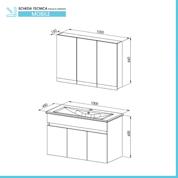 Mobile bagno sospeso 100 cm rovere scuro con specchio contenitore Mona