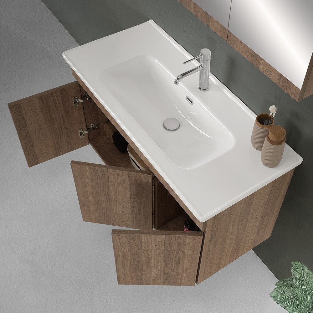 Mobile bagno sospeso 100 cm rovere scuro con specchio contenitore Mona