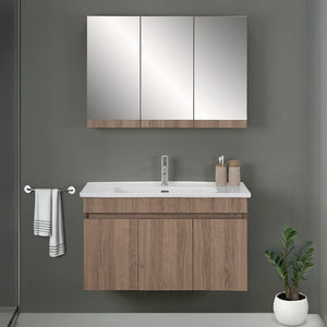 Mobile bagno sospeso 100 cm rovere scuro con specchio contenitore Mona