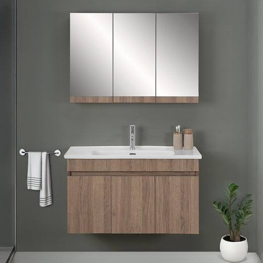 Mobile bagno sospeso 100 cm rovere scuro con specchio contenitore Mona