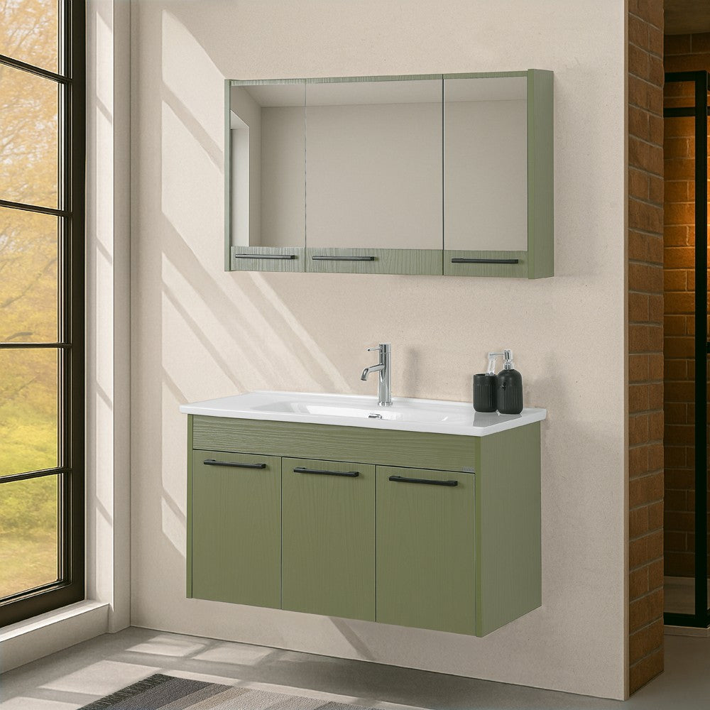 Mobile bagno sospeso 100 cm verde effetto legno con armadietto a specchio Sofia