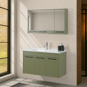 Mobile bagno sospeso 100 cm verde effetto legno con armadietto a specchio Sofia