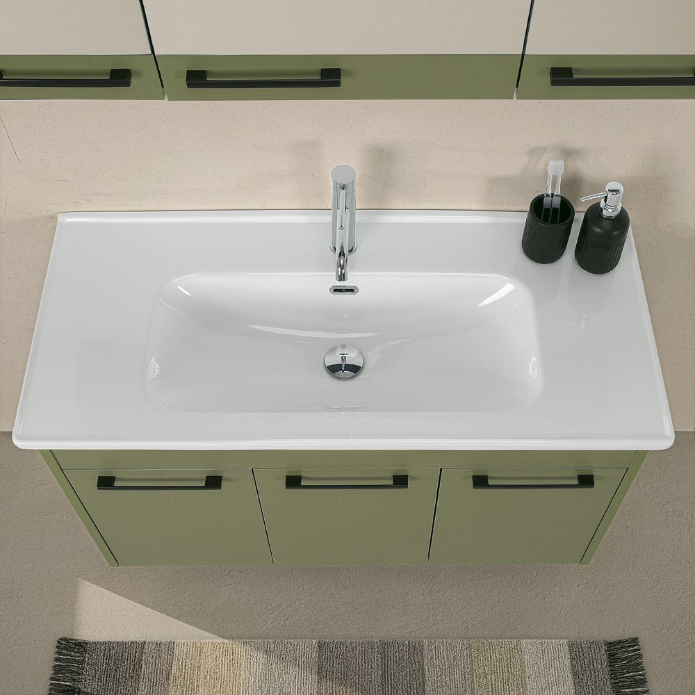Mobile bagno sospeso 100 cm verde effetto legno con armadietto a specchio Sofia