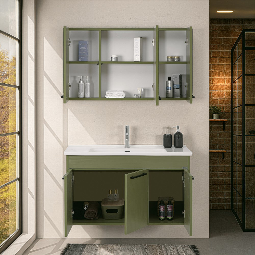 Mobile bagno sospeso 100 cm verde effetto legno con armadietto a specchio Sofia