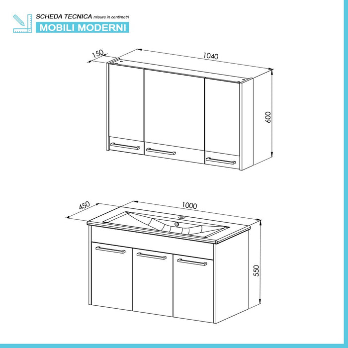 Mobile bagno sospeso 100 cm verde effetto legno con armadietto a specchio Sofia