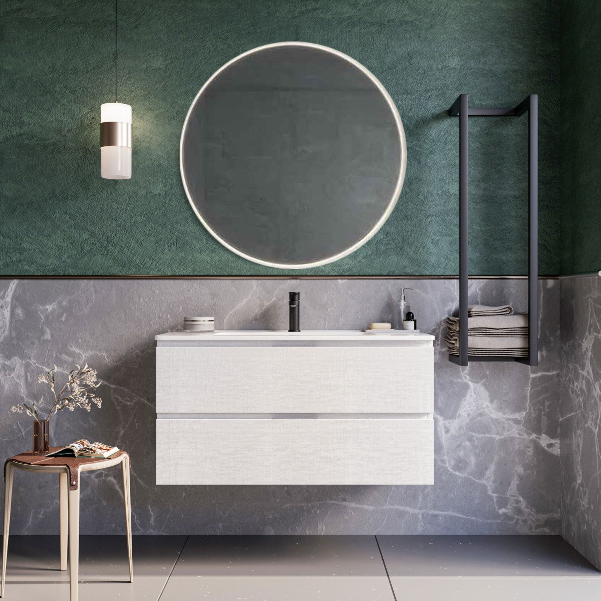 Mobile bagno sospeso 100cm bianco specchio armony, selezione accessori specchio led retroilluminato