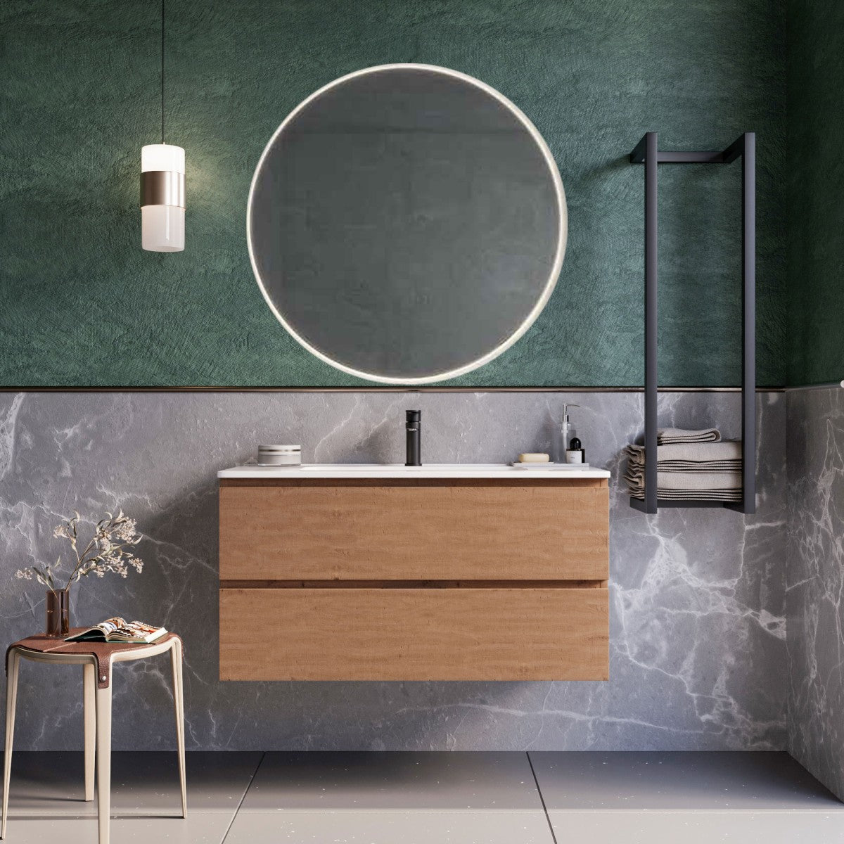 Mobile bagno sospeso 100cm rovere cartagena specchio armony, selezione accessori specchio led retroilluminato