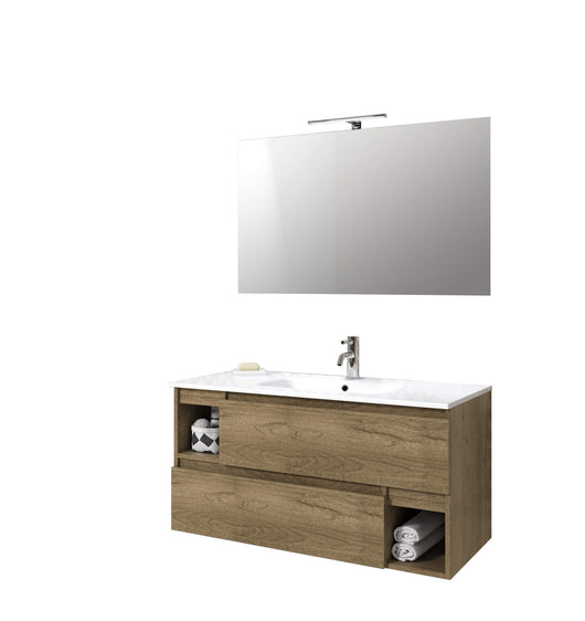 Mobile Bagno 100cm Sospeso Con Due Cassetti Due Vani E Specchio Con Lampada - Rovere Miele
