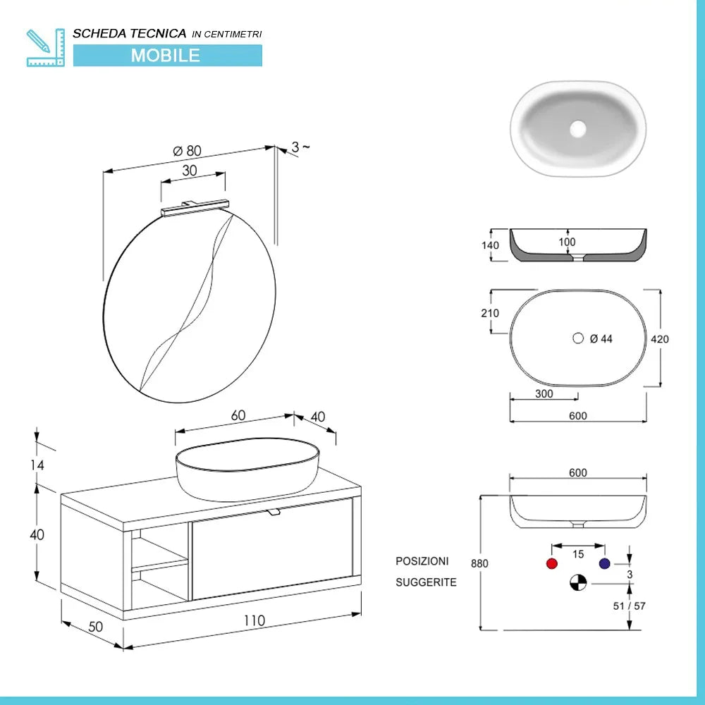 Mobile bagno sospeso 110 cm grigio nuvola Master lavabo 42,5 e specchio 80