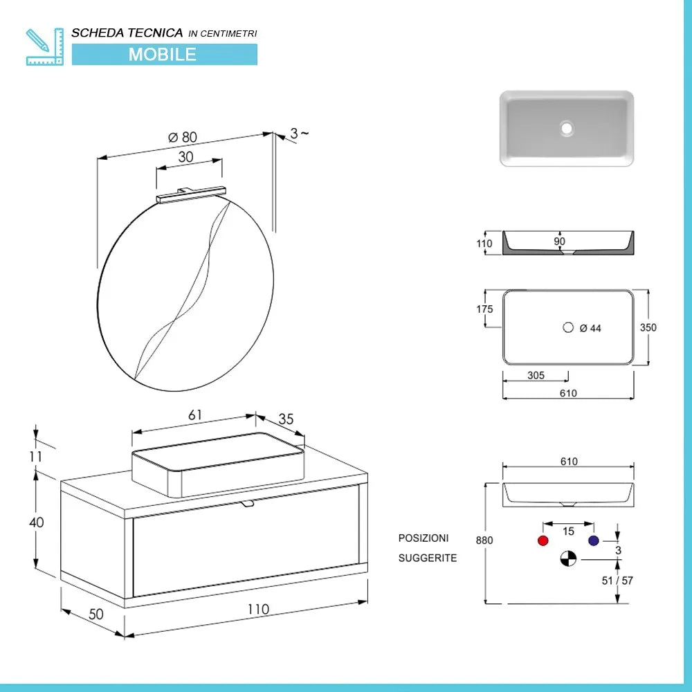 Mobile bagno sospeso 110 cm Master grigio cemento con lavabo e specchio