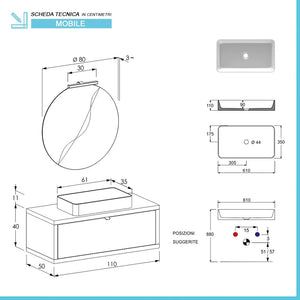 Mobile bagno sospeso 110 cm Master grigio cemento con lavabo e specchio