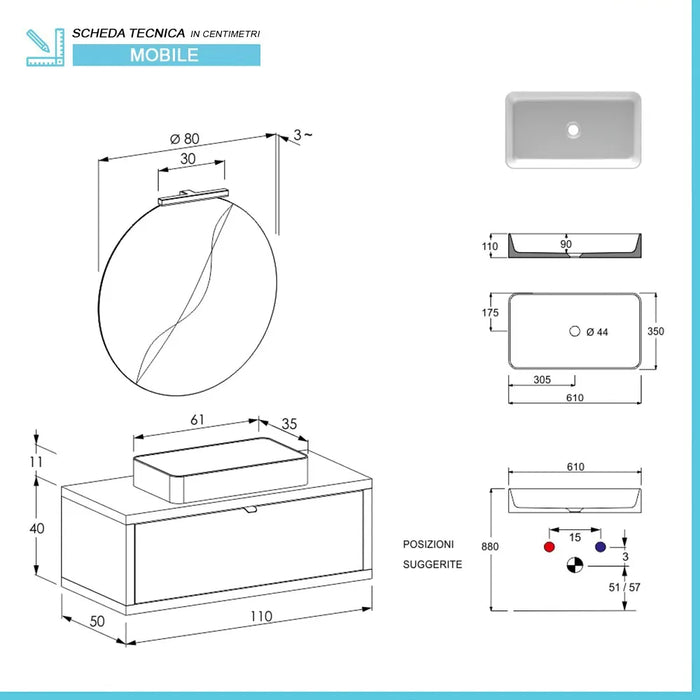 Mobile bagno sospeso 110 cm Master grigio cemento con lavabo e specchio