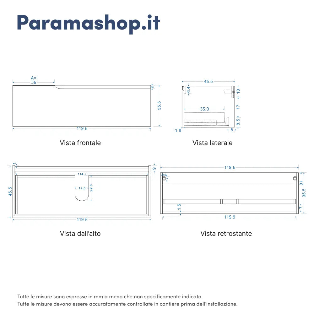 Mobile bagno sospeso 120 cm un cassetto carta da zucchero con top | Ardenne