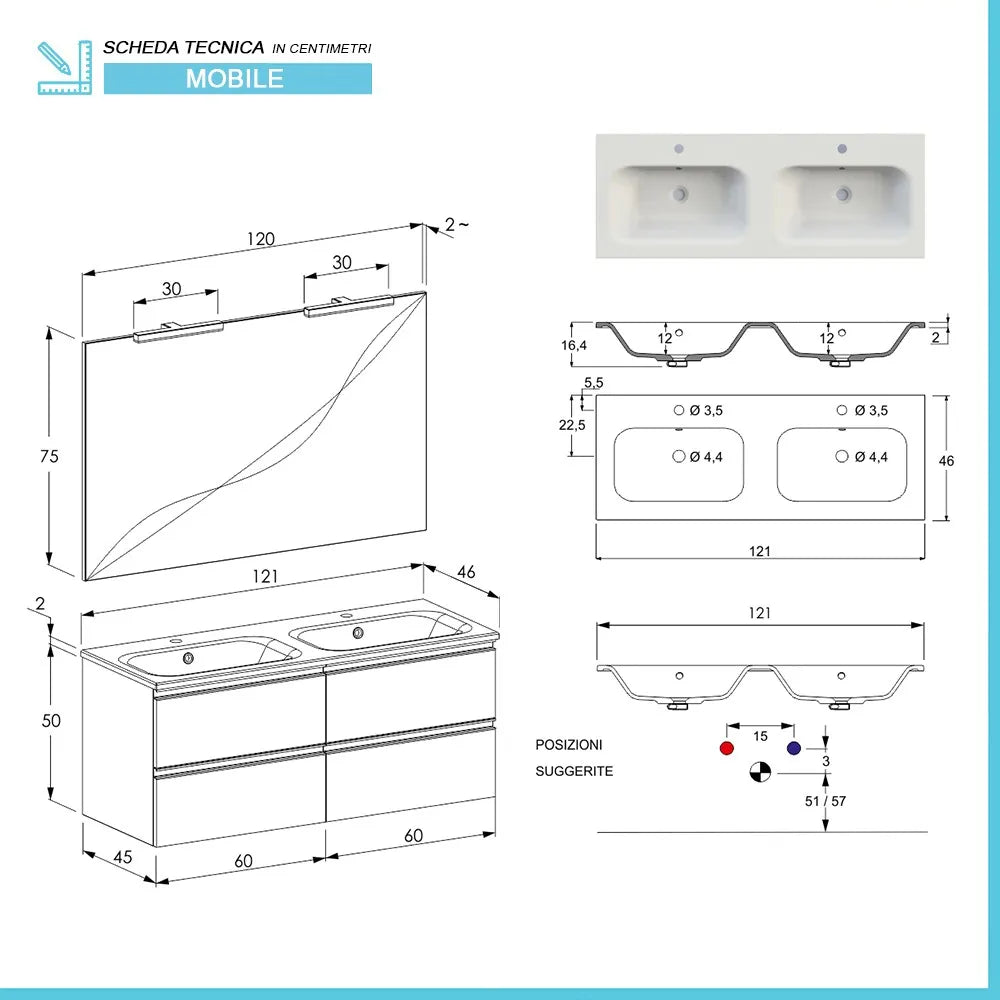 Mobile bagno sospeso 120 cm Master bianco doppio lavabo e 4 cassetti