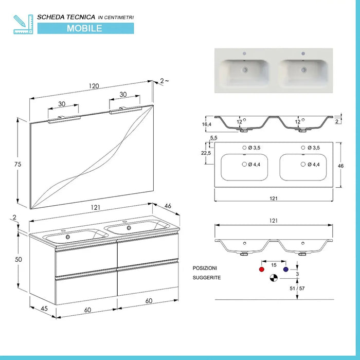 Mobile bagno sospeso 120 cm Master bianco doppio lavabo e 4 cassetti