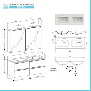 Mobile bagno sospeso 120 cm Master grigio doppio lavabo e 4 cassetti