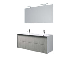 Mobile Bagno 120cm Sospeso Due Cassetti Lavabo Doppia Vasca e Specchio Con Lampada - Grigio Londra