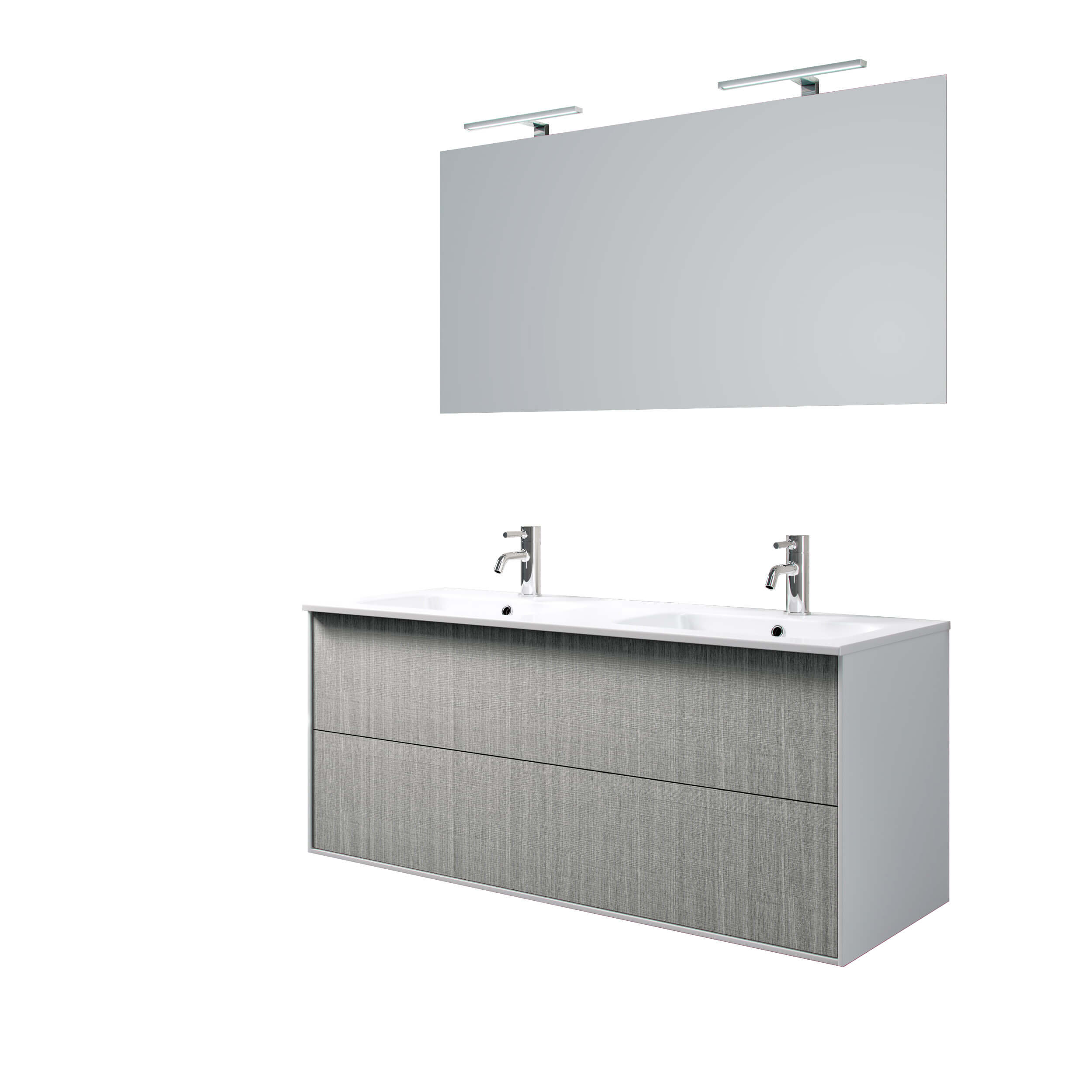 Mobile Bagno 120cm Sospeso Due Cassetti Lavabo Doppia Vasca e Specchio Con Lampada - Grigio Londra