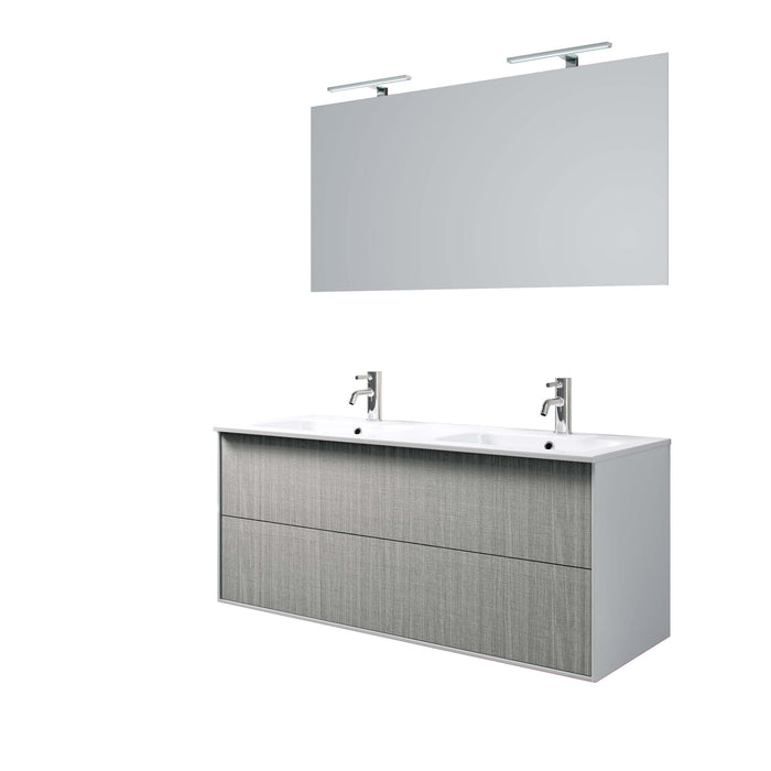 Mobile Bagno 120cm Sospeso Due Cassetti Lavabo Doppia Vasca e Specchio Con Lampada - Grigio Londra