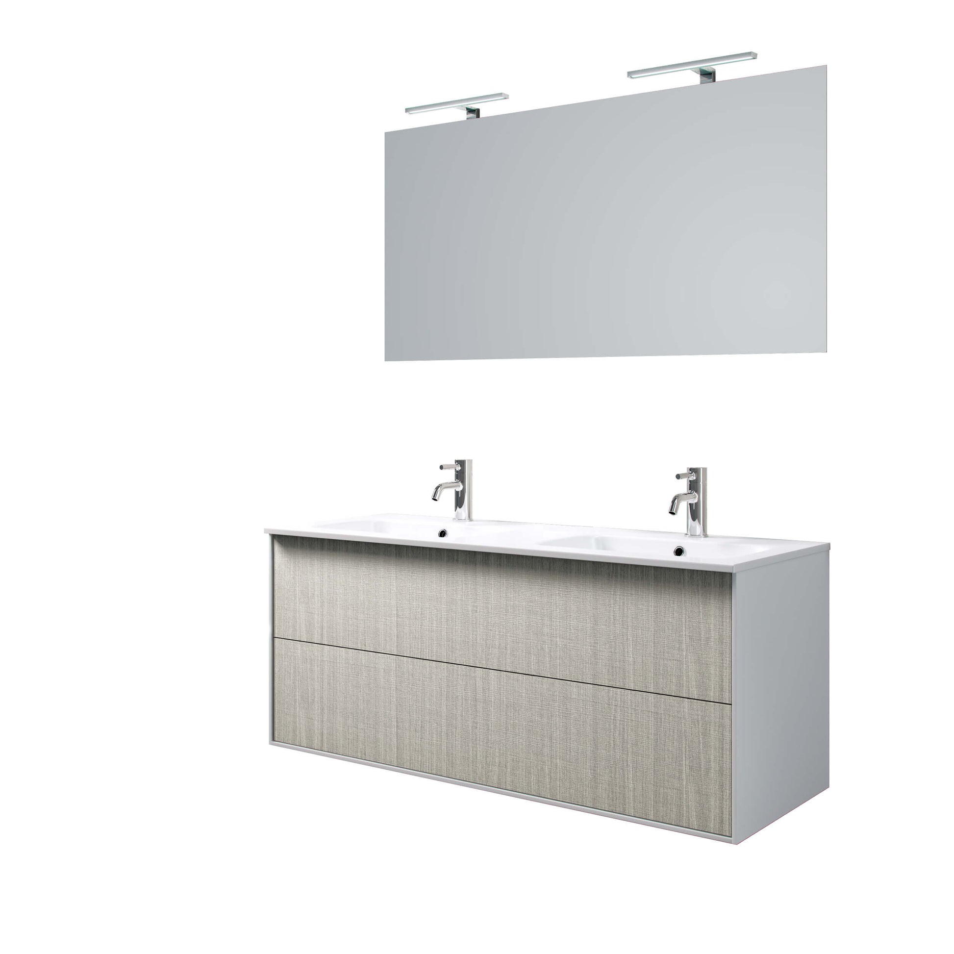 Mobile Bagno 120cm Sospeso Due Cassetti Lavabo Doppia Vasca e Specchio Con Lampada - Yuta
