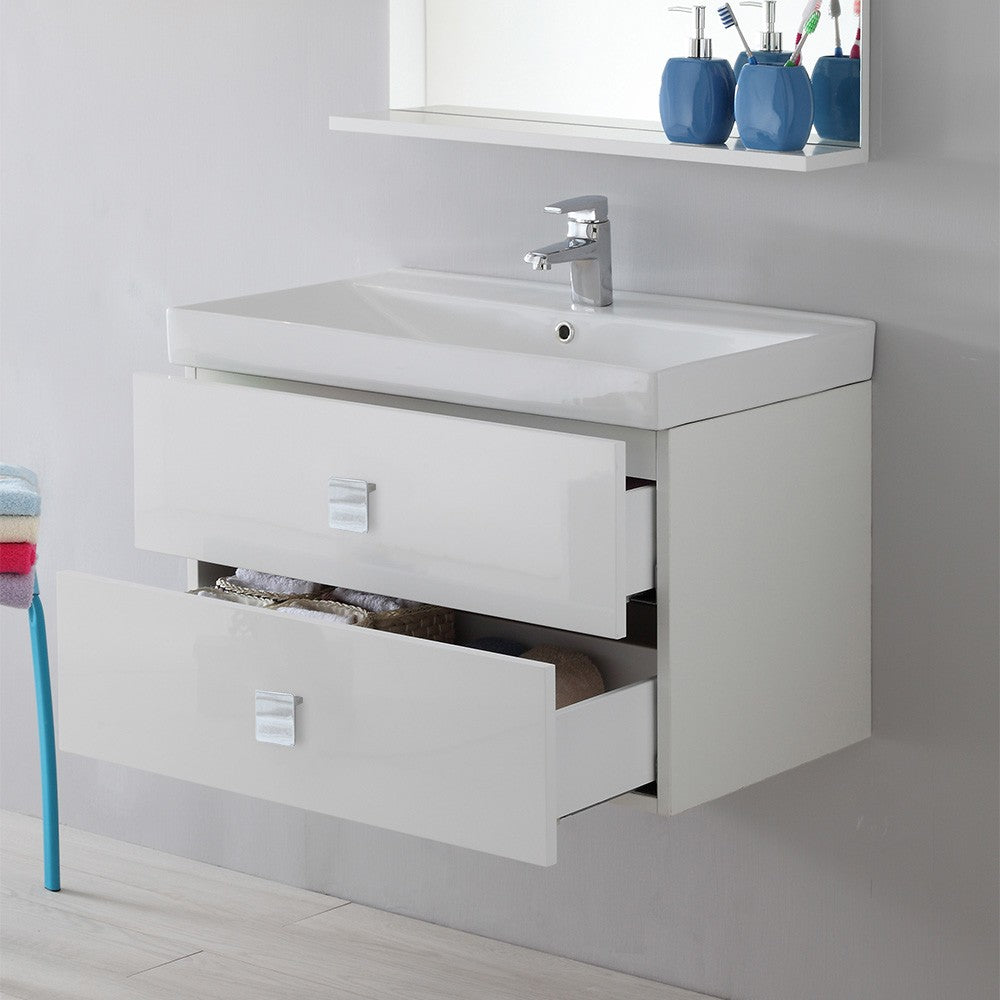 Mobile Bagno Sospeso 2 cassetti bianco laccato 75x51 cm con cassettoni