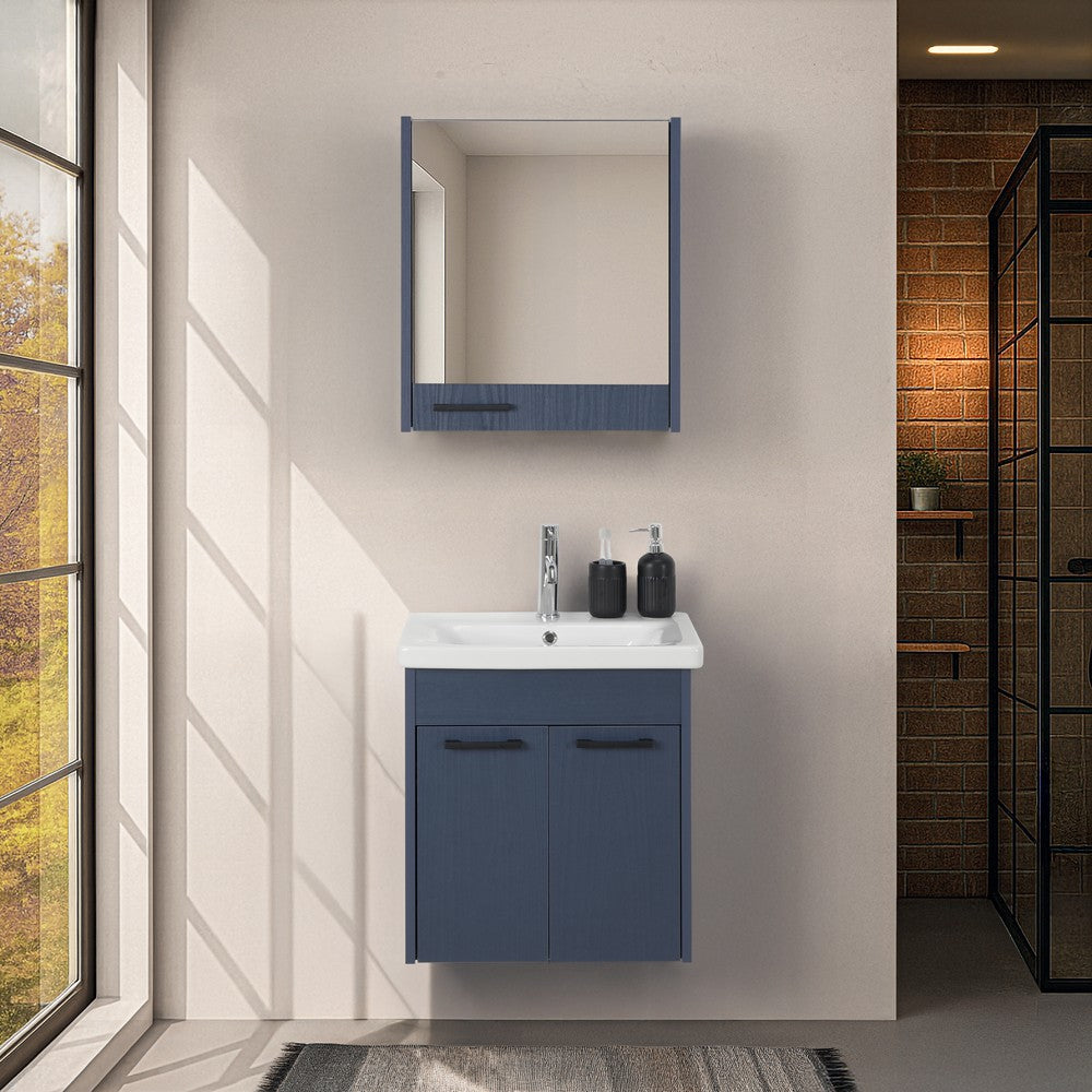 Mobile bagno sospeso 55 cm blu effetto legno con armadietto a specchio Sofia