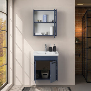 Mobile bagno sospeso 55 cm blu effetto legno con armadietto a specchio Sofia