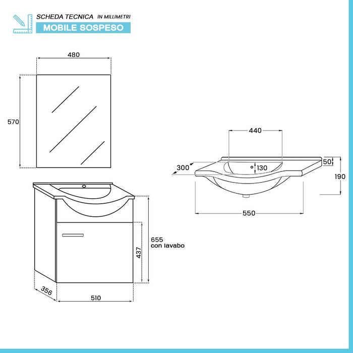 Mobile bagno sospeso 55 cm grigio completo di lavabo e specchio Desya