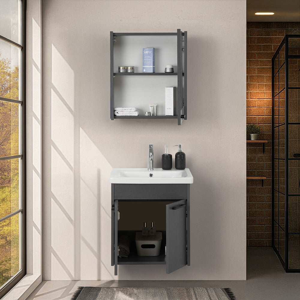 Mobile bagno sospeso 55 cm grigio effetto legno con armadietto a specchio Sofia