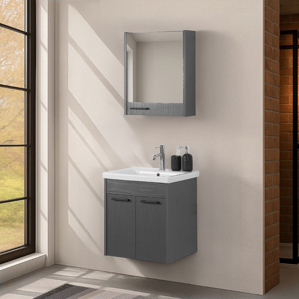 Mobile bagno sospeso 55 cm grigio effetto legno con armadietto a specchio Sofia