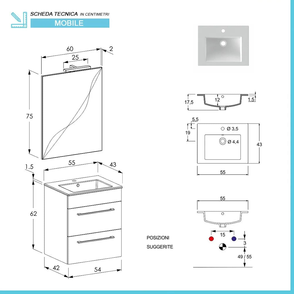 Mobile bagno sospeso 55 cm Smart bianco legno con lavabo e specchio